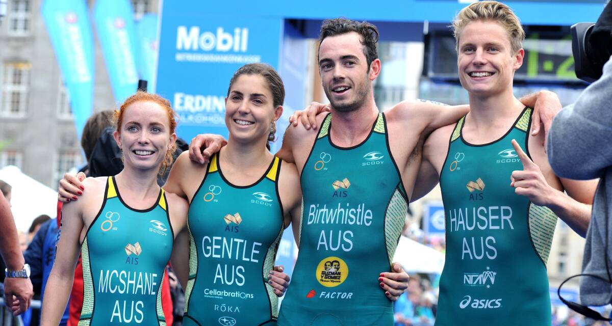 SUPERSTARS: Launceston-born triathlon Jake Birtwhistle (second from right) with fellow Australians Charlotte McShane, Ashleigh Gentle and Matt Hauser. Picture: Triathlon Australia