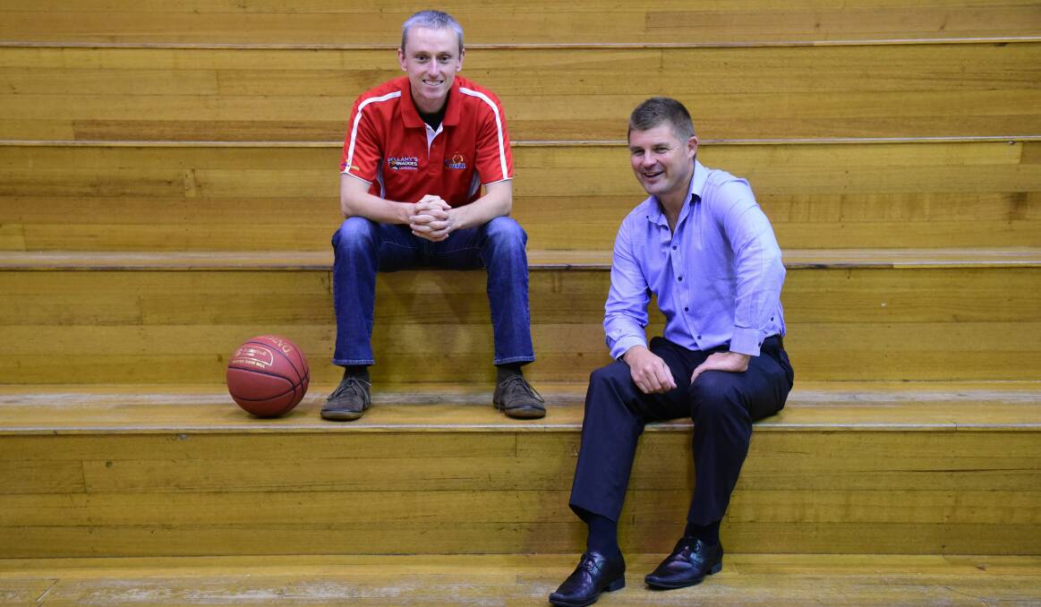 BIG TIME: Launceston Tornadoes SEABL coach Ben Rush talks basketball with state chief executive Chris McCoy in Launceston.
