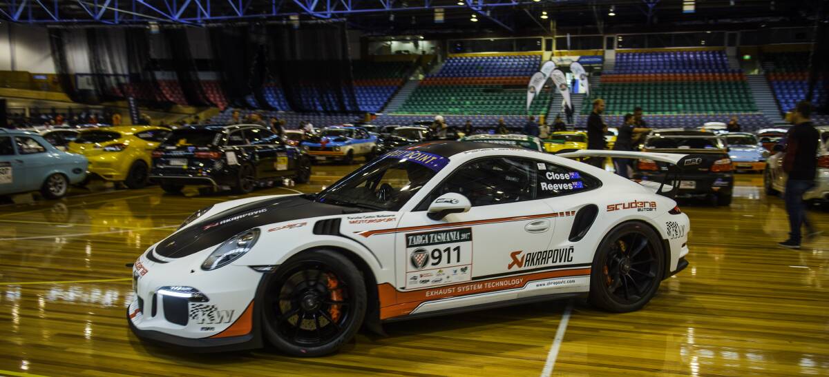 SHOWING OFF: Matt Close's Porsche sits out on its own at the Silverdome ahead of the Targa Tasmania race. Picture: Scott Gelston.