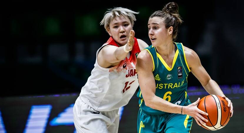 MY BALL: Launceston captain Lauren Mansfield guards her space in Australia's clash with Japan on Tuesday night at the Asia Women's Cup in India. Picture: FIBA.com