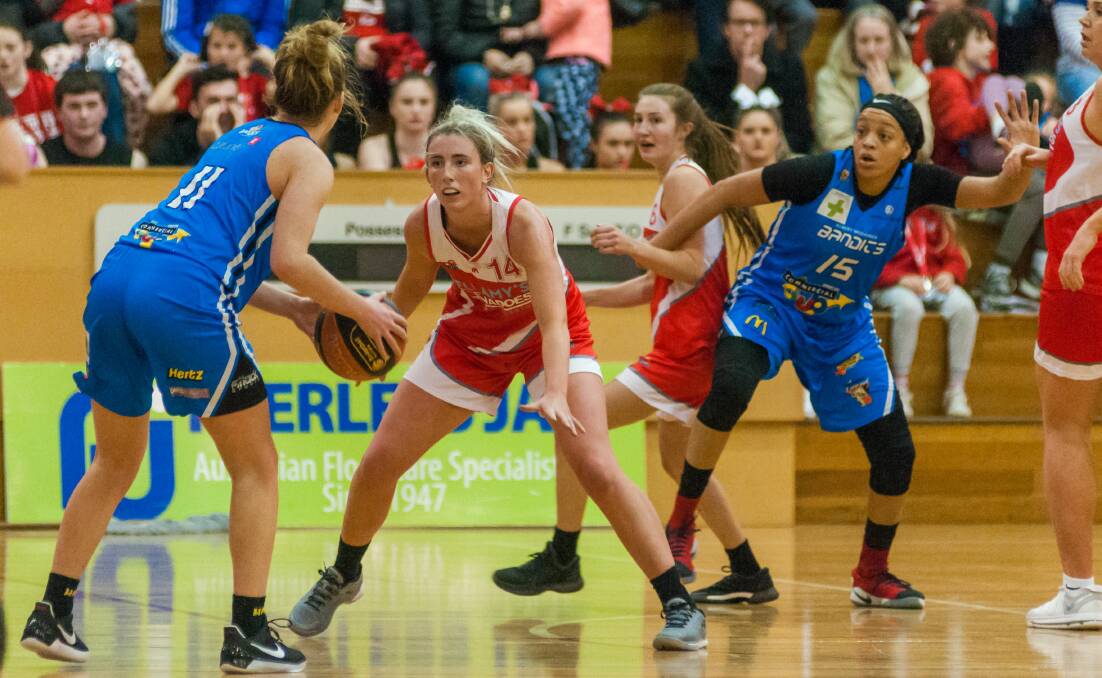 DEFENCE: Tornadoes star Lauren Nicholson showing her abilities at the back end of the court against Albury-Wodonga. Pictures: Phillip Biggs