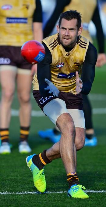 SAFE HANDS: Hawthorn skipper Luke Hodge looks to take one on the chest ahead of his side's AFL clash with Carlton on Saturday in Launceston. Pictures: Phillip Biggs
