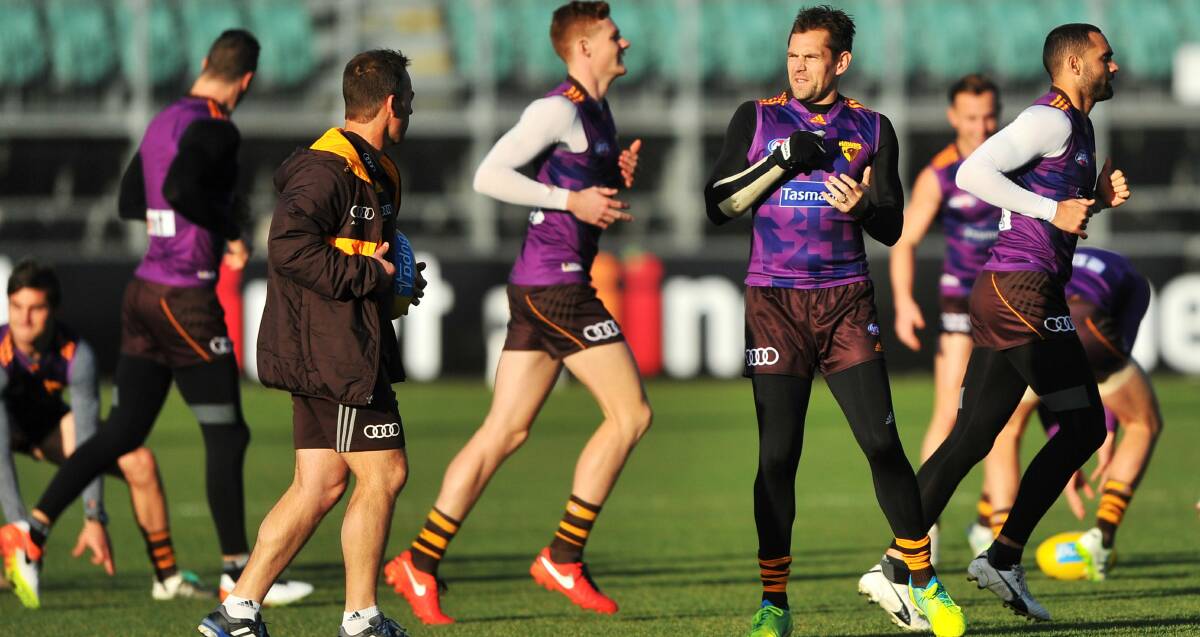 I'M RIGHT, CLARKO: Hawthorn coach Alistair Clarkson and captain Luke Hodge have a word at training on Saturday before Hodge's return to AFL football. Picture: Scott Gelston