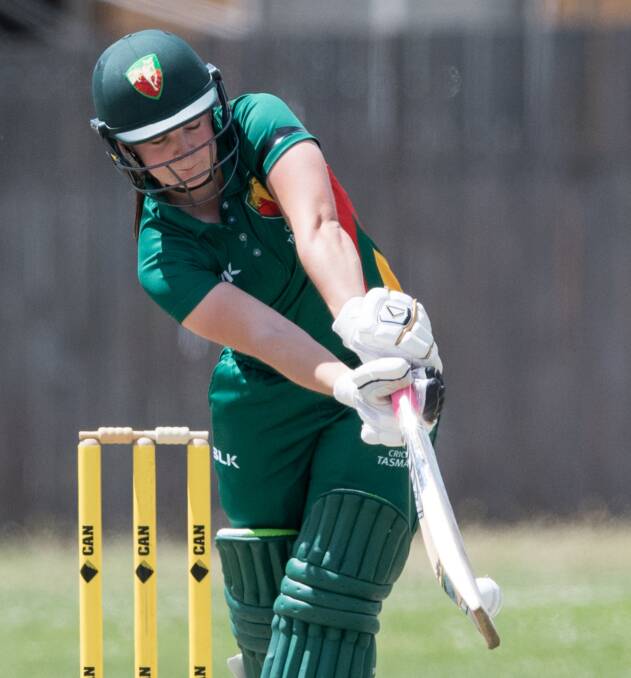HEAD DOWN: Riverside all-rounder Courtney Webb clips one off her pads for Tasmania, displaying the top form that has stood out at the female under-18 national championships in Canberra.