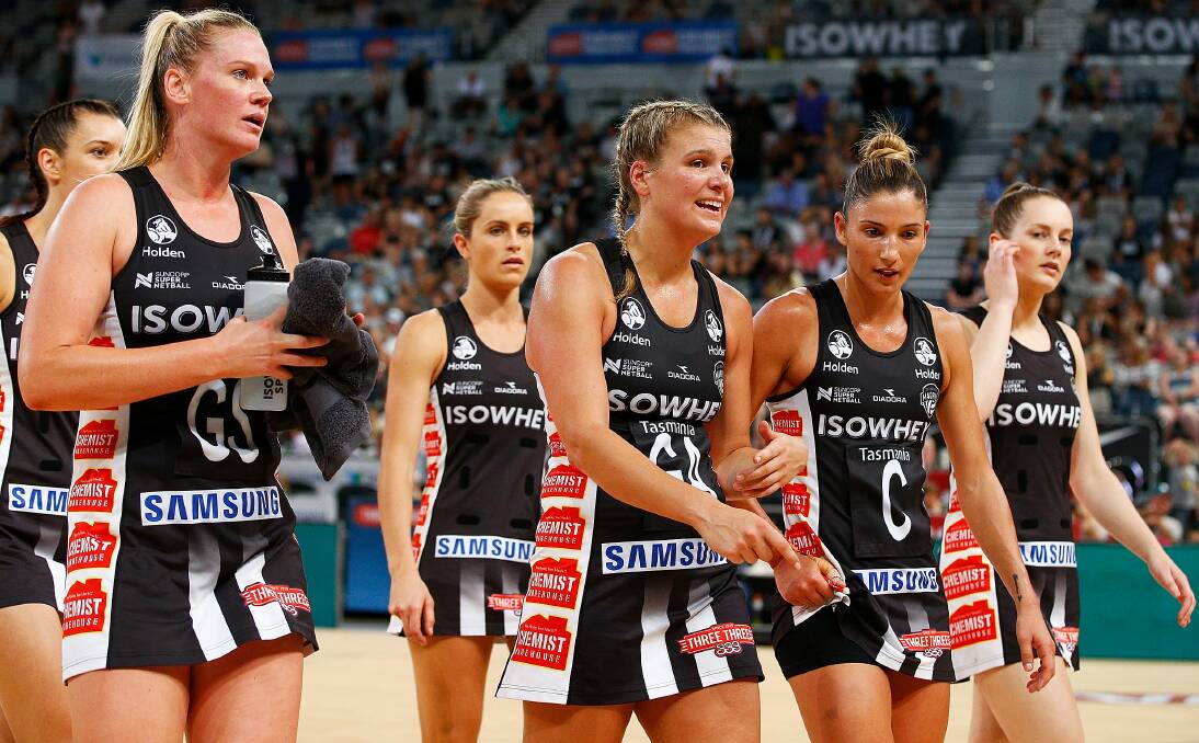 THEY'RE COMING: Collingwood Magpies walk off the court at Hisense Arena as a team ahead of their next match in Launceston. Picture: Getty Images.