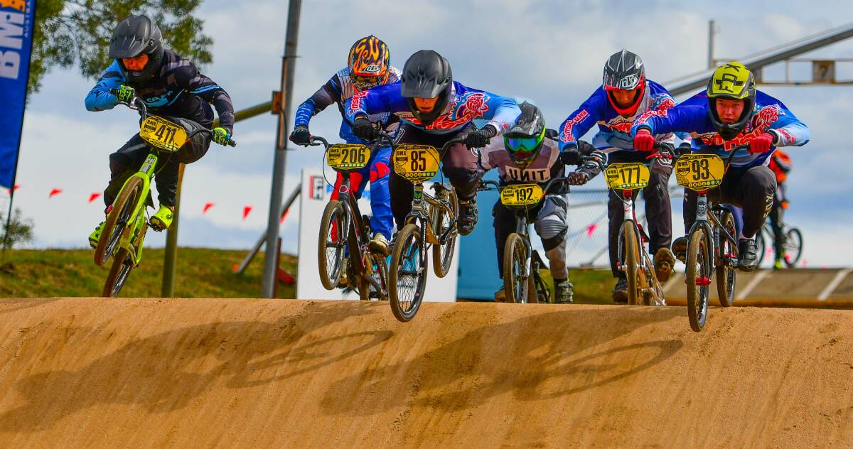 FLYING START: The superclass men hit the track at the final round of the BMX national series held at St Leonards on Saturday. Pictures: Scott Gelston
