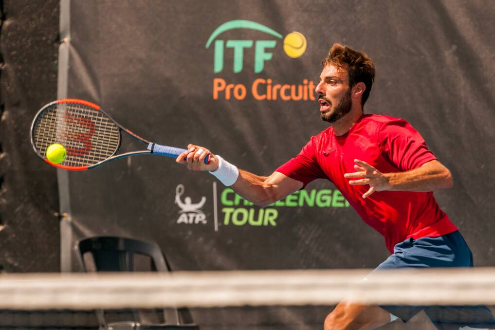 DESPERATION: Spain's Marcel Granollers lunges to make his forehand shot amid victory in Friday men's singles quarter-final at the Launceston International. Picture: Phillip Biggs.