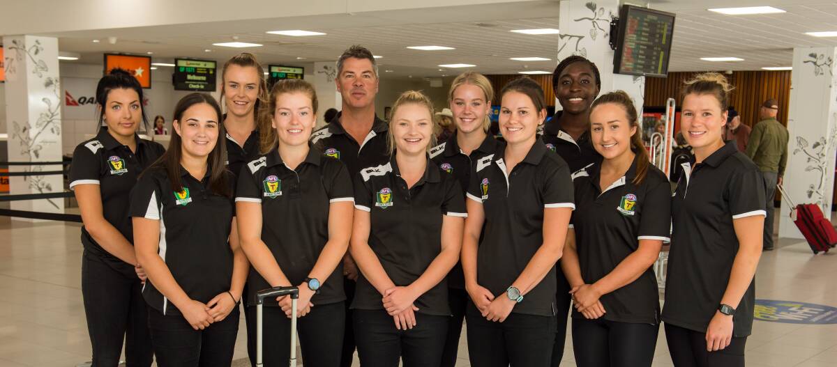 FLYING HIGH: Tasmania's top AFLW draft prospects ready to fly out of Launceston Airport ahead of their women's football encounter in Melbourne on Sunday. Picture: Phillip Biggs