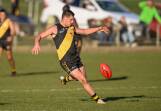 Longford's Casey Brown kicks long in 2023. Picture by Phillip Biggs 