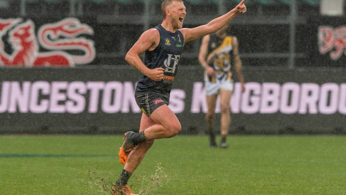 Launceston's Jake Hinds celebrates a goal while playing for Launceston Blues in their 2022 premiership. Picture by Phillip Biggs 