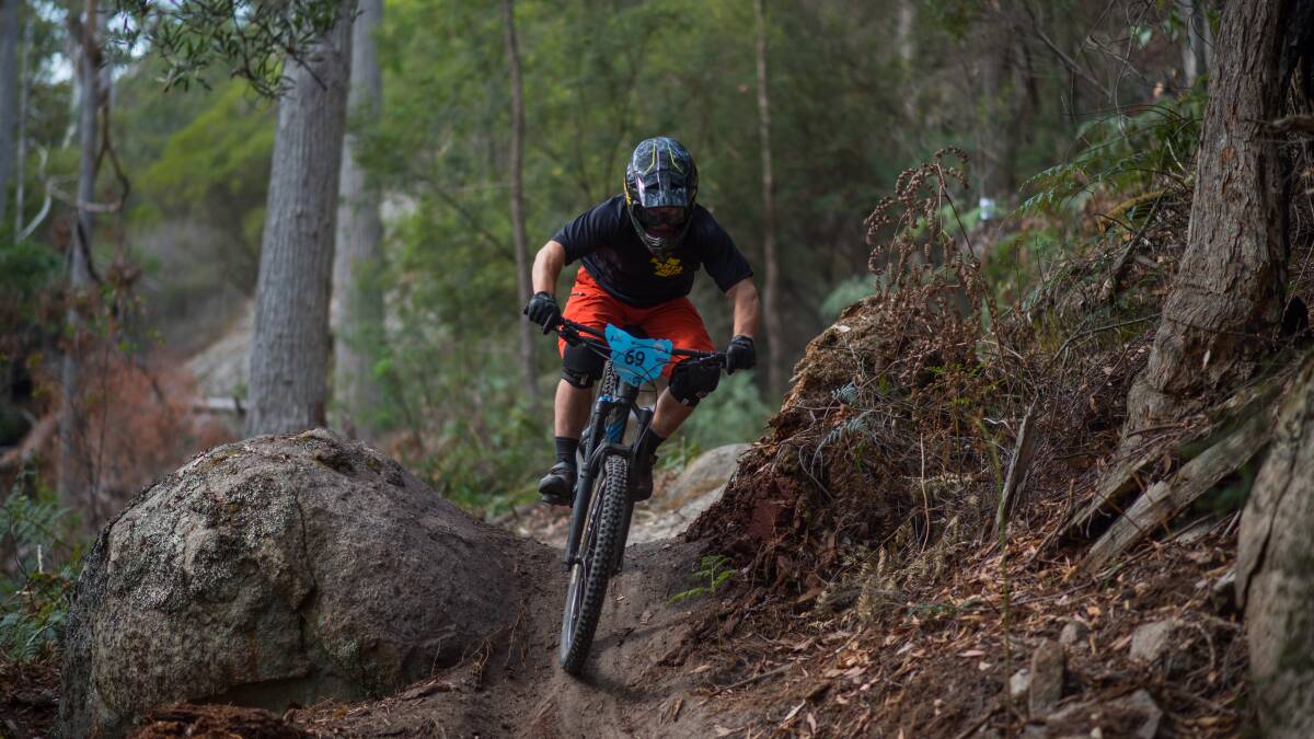 Racing: An Enduro World Series competitor takes on the Blue Derby trails in April. Picture: Scott Gelston