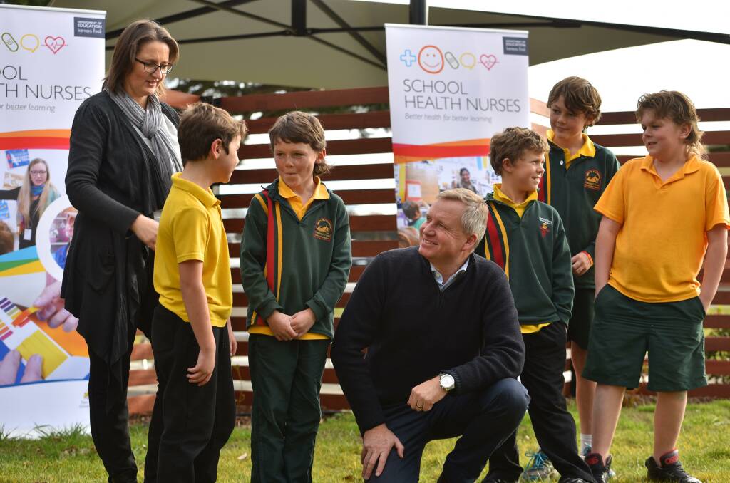 School health: Campbell Town District School principal Cindy Johnston with Aiden Grech, Will Bowerman, Education Minister Jeremy Rockliff, Thomas Longstaff, Connor Bowerman and Declan Lovell. Picture: Scott Gelston