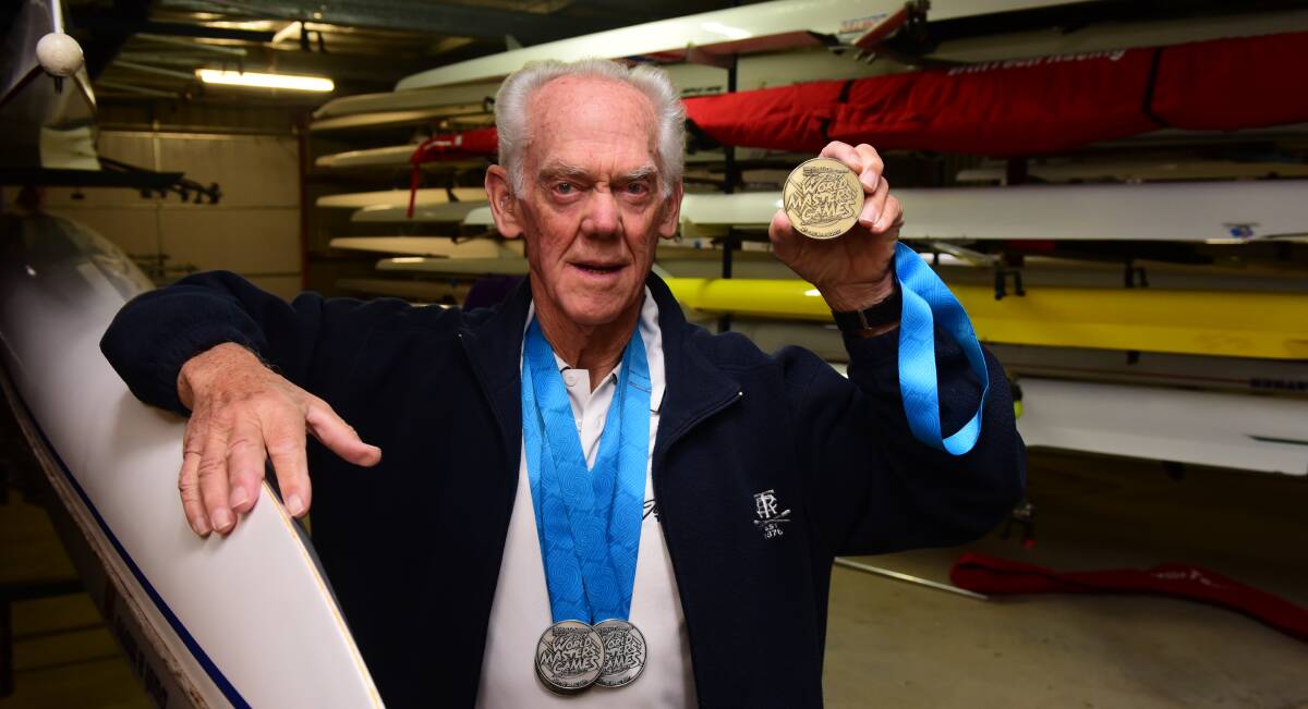 The master: Tamar Rowing Club's Alan Kitto with his gold and three silvers from the World Masters Games, held in New Zealand in April. Picture: Paul Scambler