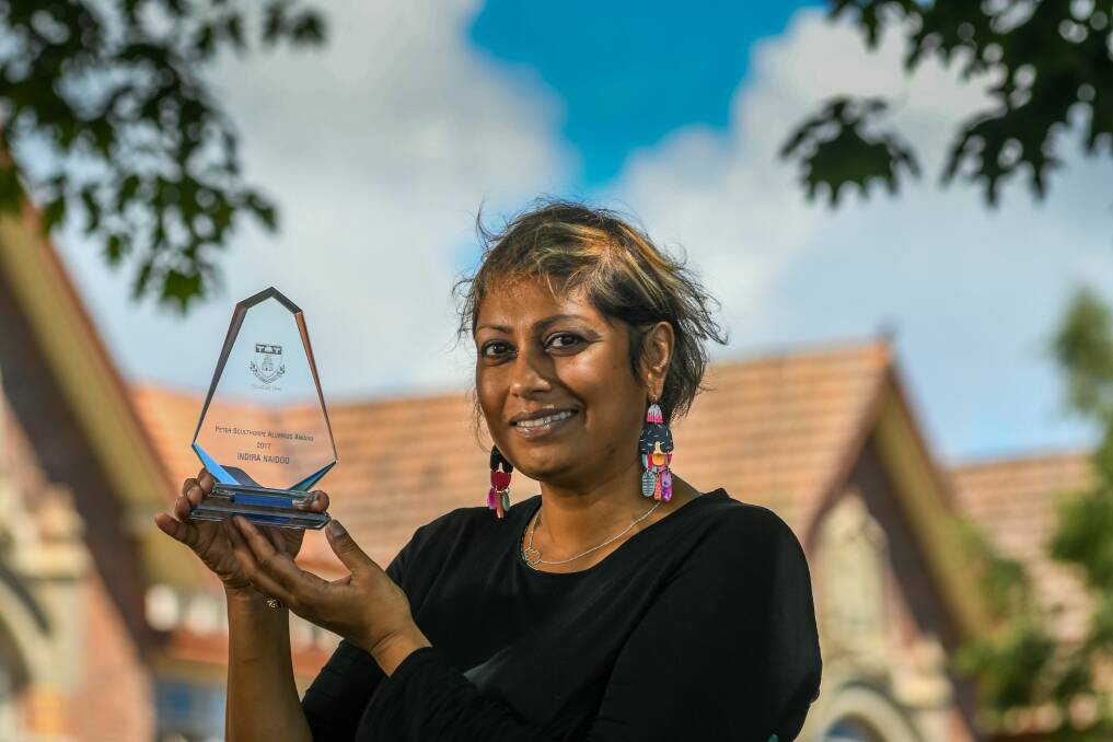 Award: Indira Naidoo with the 2017 Peter Sculthorpe Award at Launceston Church Grammar. Picture: Phillip Biggs