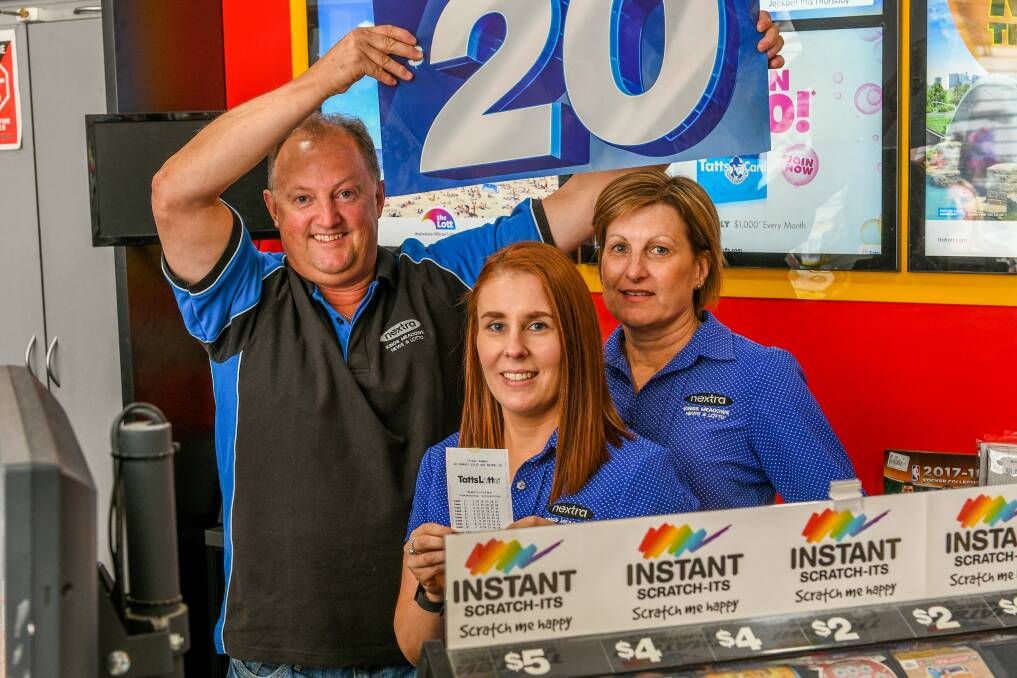 Jeff Dolbey, Gabi Lyons and Viv Dolbey at the Kings Meadows News and Lotto, which sold the winning ticket. Picture: Phillip Biggs