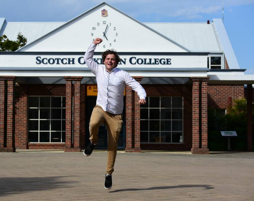 Hurrah: Scotch Oakburn College student George Coe celebrates his spectacular ATAR result. Picture: Paul Scambler