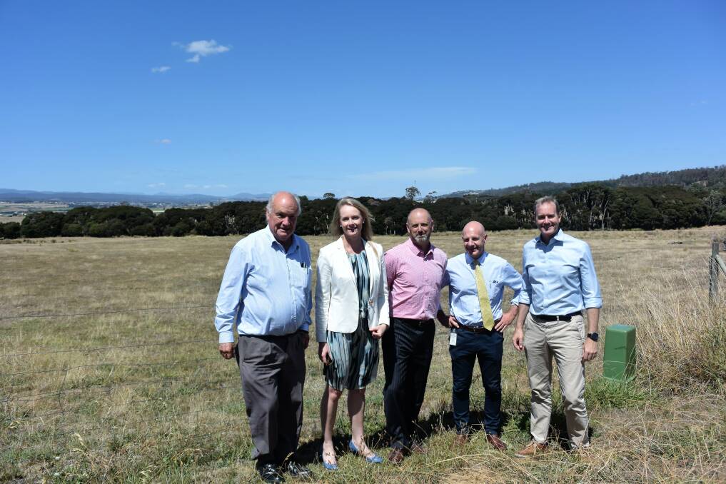 New school: West Tamar Cr Peter Kearney, Bass Liberal MHA Sarah Courtney, West Tamar Cr Tim Woinarski, and Bass Liberal MHAs Peter Gutwein and Michael Ferguson at a potential site for a new school in Legana.