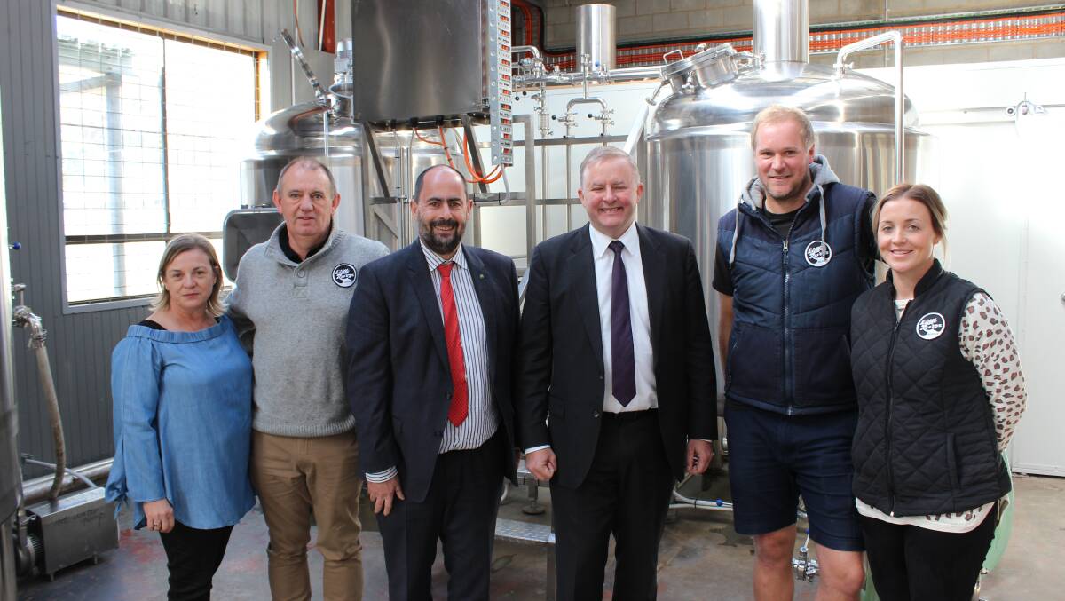 Small business: Tracy Love, Stephen Love, Ross Hart, Anthony Albanese, Chris Cairns and Jess Cairns at Little Rivers Brewery. Picture: Supplied