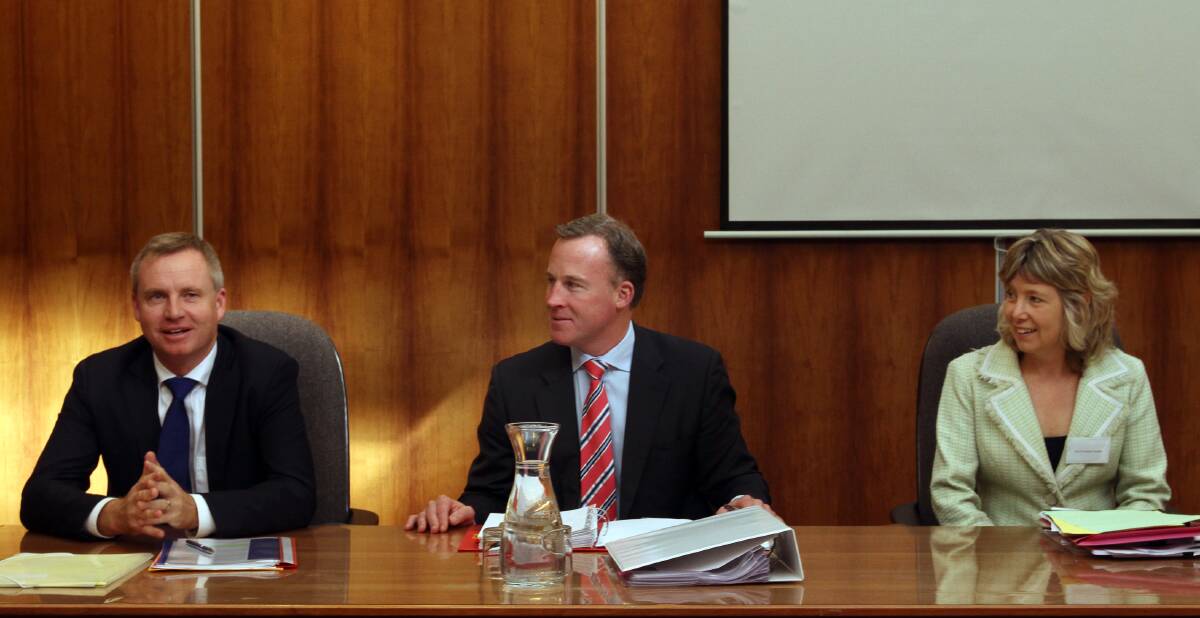 Deputy Premier Jeremy Rockliff, Premier Will Hodgman and Attorney-General Vanessa Goodwin in 2014.