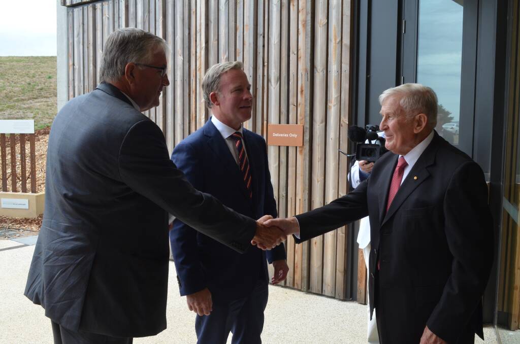 GREETINGS: Infrastructure Rene Hidding and Premier Will Hodgman are welcomed to the new centre by Woolmers Estate chairman Peter Rae. Picture: Stefan Boscia
