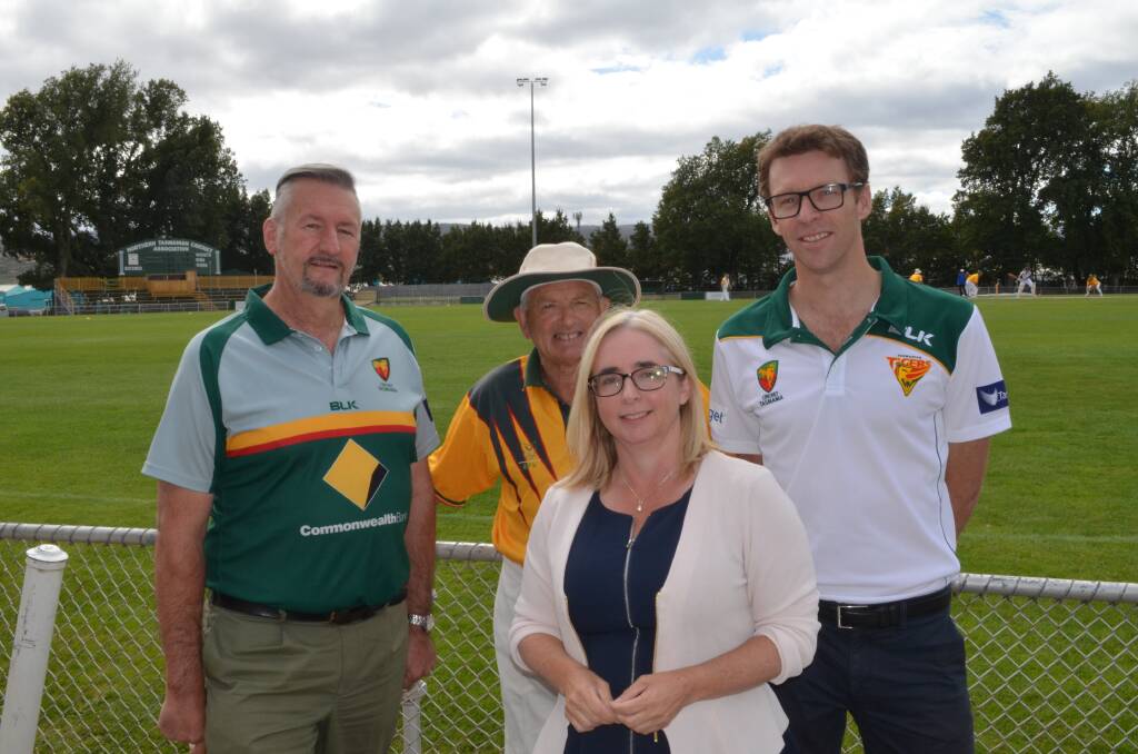 HOWZAT: NTCA's David Fry and Bob Pooley, with Deputy Opposition Leader Michelle O’Byrne and Cricket Tasmania’s Drew Ginn. Picture: Stefan Boscia