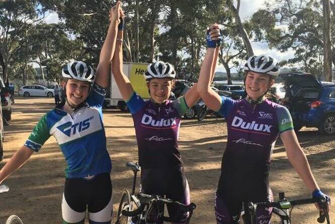 ROAD WARRIORS: Anya Louw, Madeleine Fasnacht and Renee Dykstra at the U19 national road championships in Geelong. Picture: TIS Facebook page.