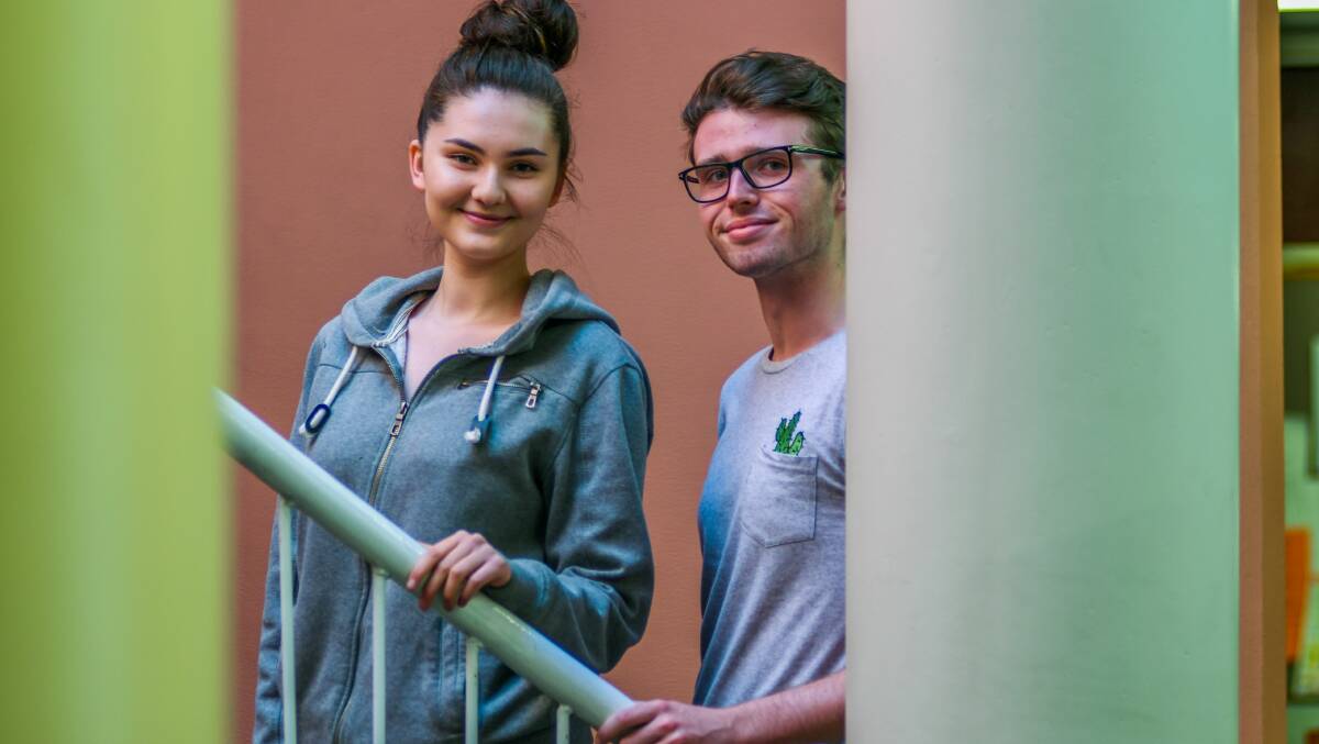 EXAM TIME: Lanceston College students Mohiba Mohammadi and Mitchel Abraham following their first exams on Monday. Picture: Phillip Biggs.