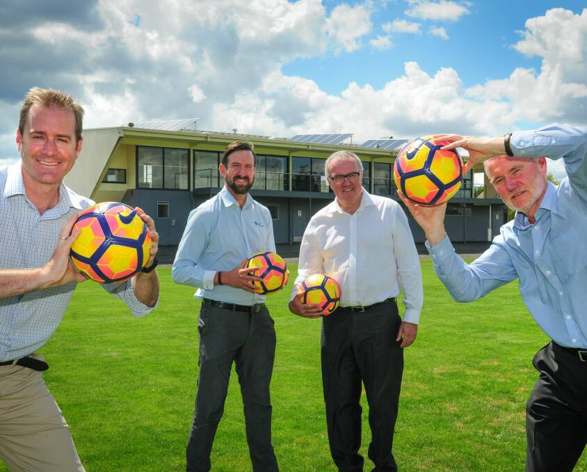 FINEST HOUR: Michael Ferguson, Football Federation Tasmania director Mark Jefferson, FFT chief executive Mike Palmer and Albert van Zetten. Picture: Paul Scambler.