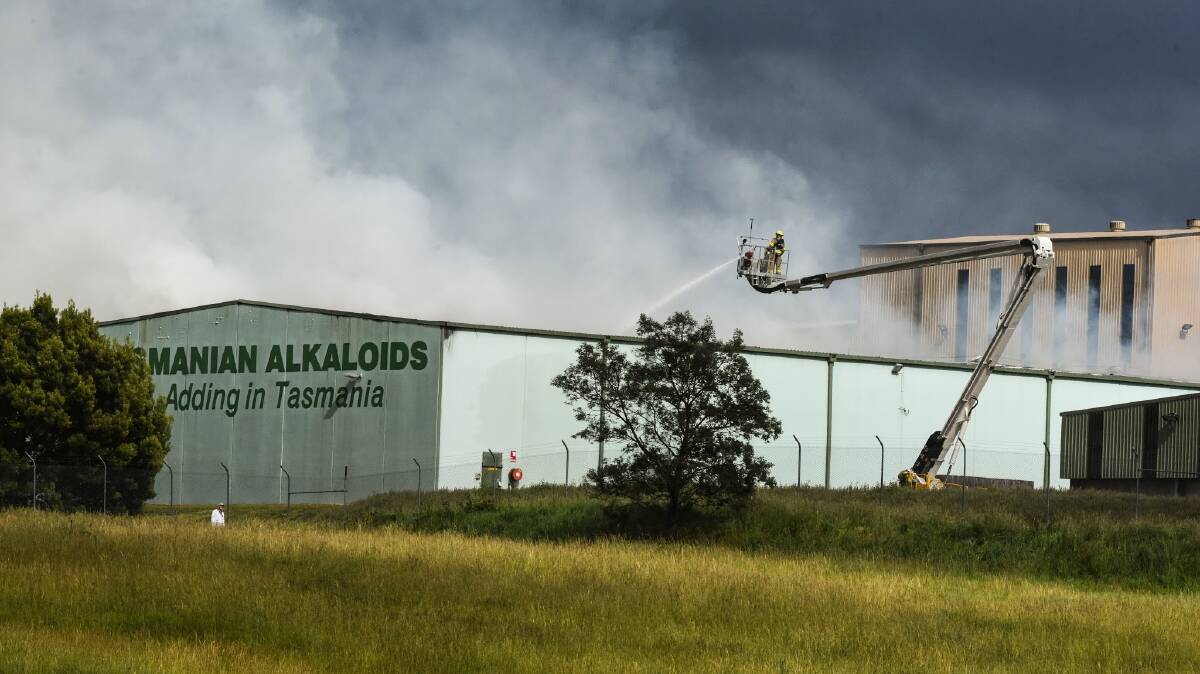 SMOULDERING BLAZE: Tasmania Fire Service crews were kept busy throughout Saturday as a structure fire broke out at Tasmanian Alkaloids. Picture: Neil Richardson.