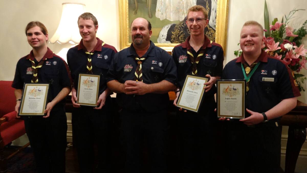 SCOUTS HONOURED: Nicholas Wood, Jacob Fitch, Richard Tatnell (Venturer Scout Leader), Alexander Seen and Logan Smith. Picture: Contributed