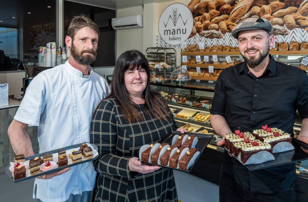 NEW START: Manubread head baker Ricky Cassidy, partner Megan Mantach and pastry chef Prosper Orsoni have officially taken over ownership of the Invermay business. Picture: Phillip Biggs