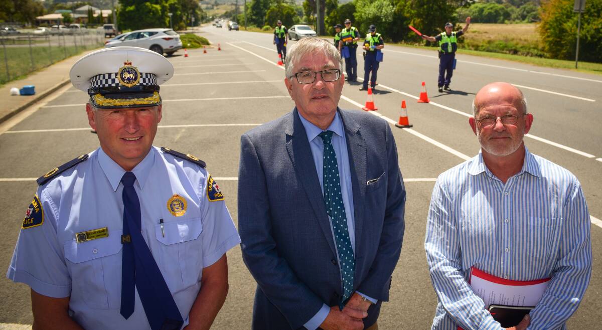 Assistant Commisioner Glenn Frame, Police Minister Rene Hidding and Chairman of the Road Safety Advisory Council, Garry Bailey, at Monday's We've Been Everywhere campaign launch. Picture: Paul Scambler
