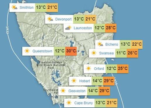 Forecasts across the state for Tuesday, including Launceston which is predicted to reach 28 degrees. 