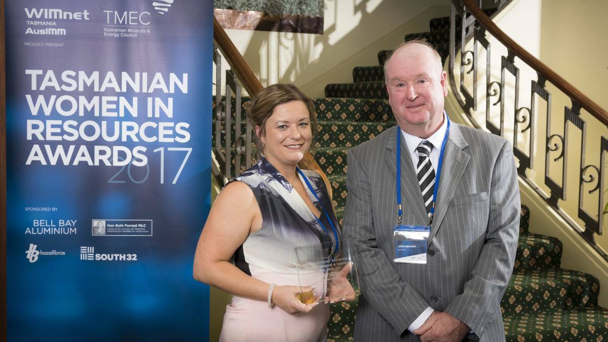REWARDED: Alana Phegan with John Graeme at the 2017 Tasmanian Women in Resources Awards. Picture: Rob Burnett