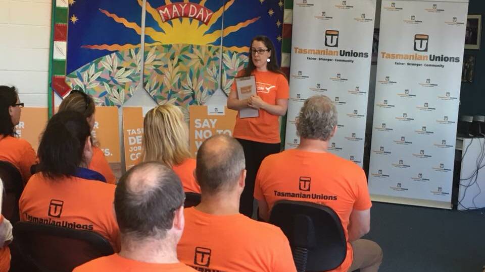 Unions Tasmania secretary Jessica Munday launches the Jobs You Can Count On campaign in Hobart on Monday. Picture: CPSU Tasmania