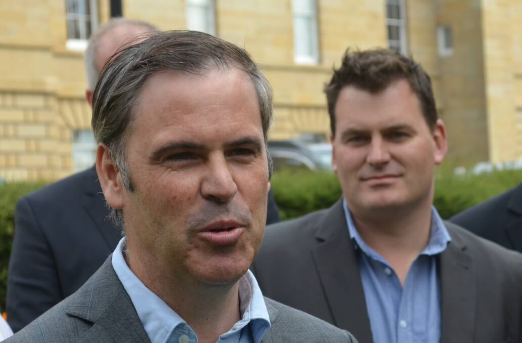 'BOOM-AND-BUST': Property Council of Australia Tasmanian executive director Brian Wightman and Tourism Industry Council of Tasmania chief executive Luke Martin speaking out against minority government in Hobart on Tuesday. Picture: Rob Inglis