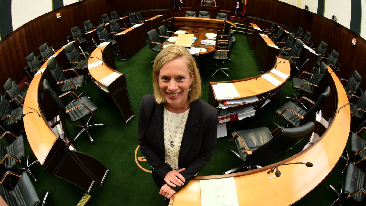 ON THE FLOOR: Opposition Leader Rebecca White in the Lower House chamber at Parliament House in Hobart. Picture: Paul Scambler