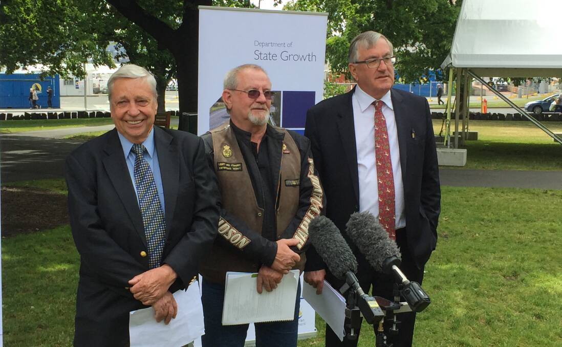 Road Safety Advisory Council chairman Jim Cox, Tasmanian Motorcycle Council president Paul Bullock and Infrastructure Minister Rene Hidding launch the Towards Zero Strategy