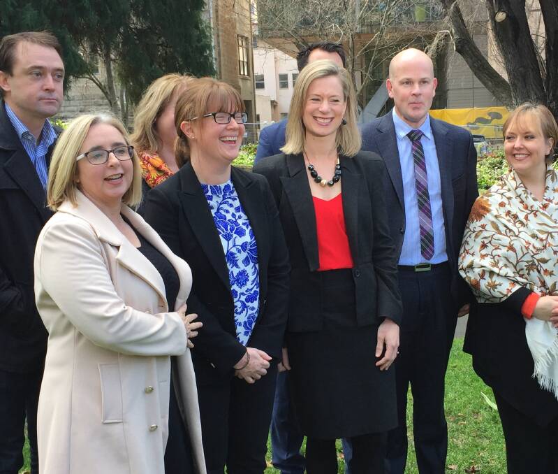 NEW LOOK: Labor MPs Scott Bacon, Michelle O'Byrne, Sarah Lovell, Rebecca White, Shane Broad and Lara Giddings announcing the portfolio update in Hobart.
