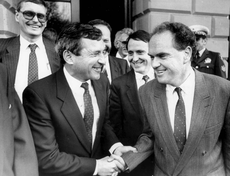 Opposition Leader Michael Field congratulates the new Speaker of the House of Assembly Michael Polley in 1989. Picture: Dick Speer