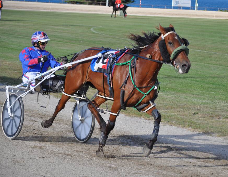 ROCK 'N' ROLLIN: Rocknrollhighlight, driven by Mark Yole, wins the main race at Burnie on Friday night after coming off a 40m handicap. Picture: Greg Mansfield
