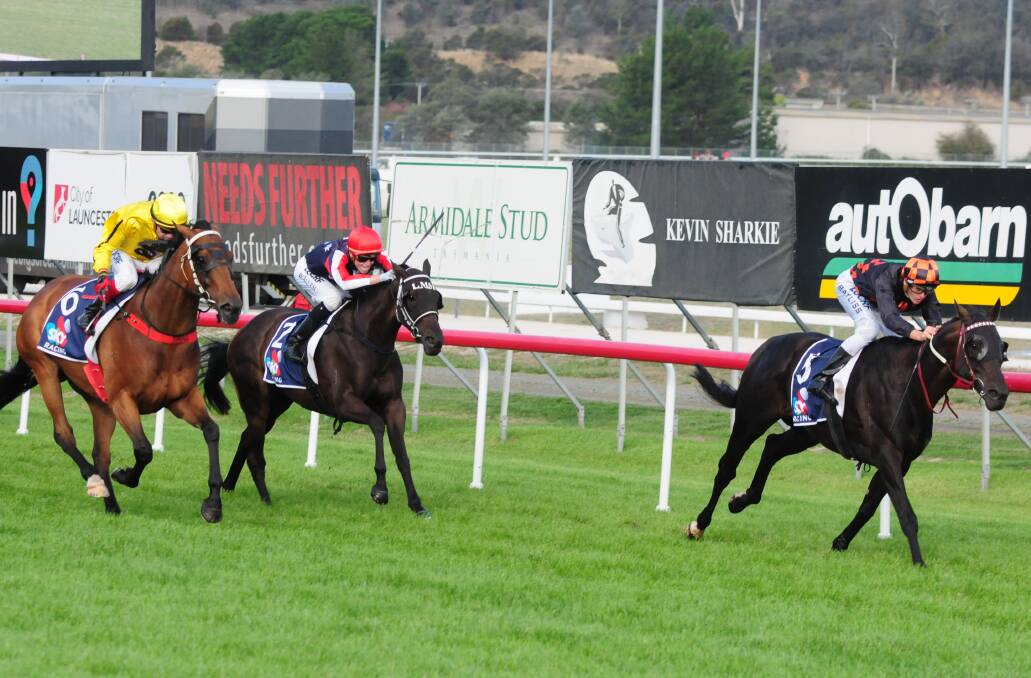 RECORD BREAKER: Bondeiger, ridden by Regan Bayliss, beats Fastnet Dragon and Pretty Punk in Wednesday's Launceston Cup. Picture: Paul Scambler