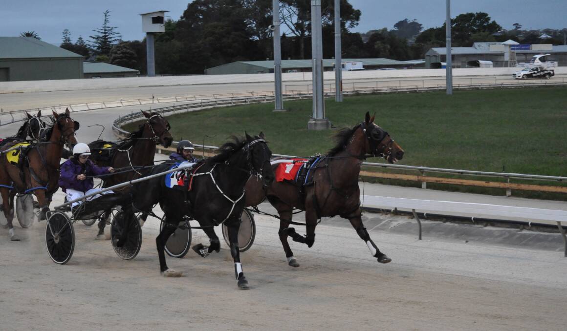 UPSET: Long-priced winner Regal Idea, driven by Hannah Van dongen, looms up to challenge favourite Out Of Art on the home turn at Devonport on Thursday night. Picture: Greg Mansfield