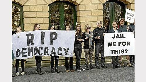 Groundswell activists take a stand against the state government's protest bill outside Parliament yesterday. Picture: ANDREI NIKULINSKY