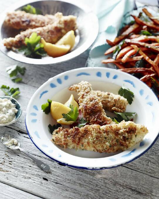 Pete Evans's healthy fish and chips <a href="http://www.goodfood.com.au/good-food/cook/recipe/healthy-fish-and-chips-20140521-38o0v.html"><b>(recipe here).</b></a>