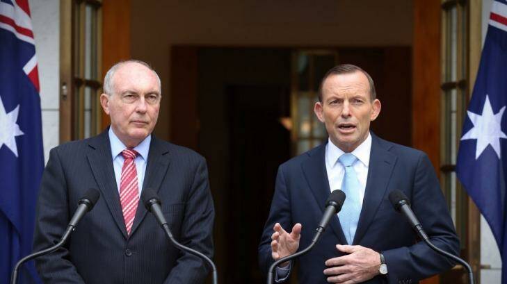 Prime Minister Tony Abbott and Deputy Prime Minister Warren Truss announce the decision to build a second Sydney airport at Badgerys Creek.  Photo: Andrew Meares