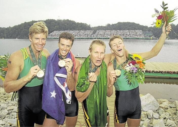 The oarsome foursome celebrate winning gold at the 1996 Atlanta Olympic Games.