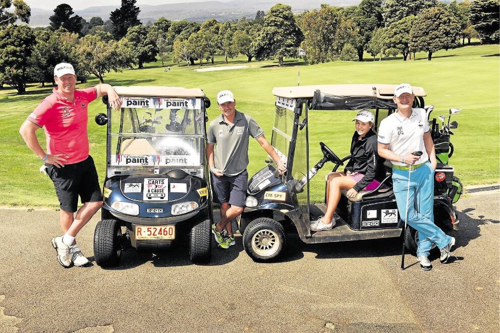 Marathon golfers Andrew Main, Jason Love, Georgi Milbourne and Bernie Klasen at Riverside Golf Club, the halfway point of their trip in which they will endeavour to play every golf hole in Tasmania. Picture: SCOTT GELSTON