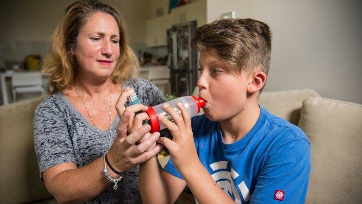 Finn Kovich with his mother, Nina, at their home in Killara. Both suffer from asthma.  Photo: Wolter Peeters
