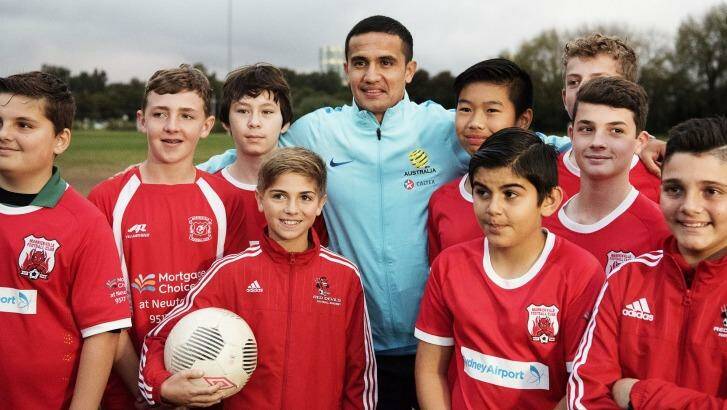 Where it all started:  Socceroos star Tim Cahill visited former junior club Marrickville Red Devils at Mackey Park on Tuesday. Photo: Christopher Pearce